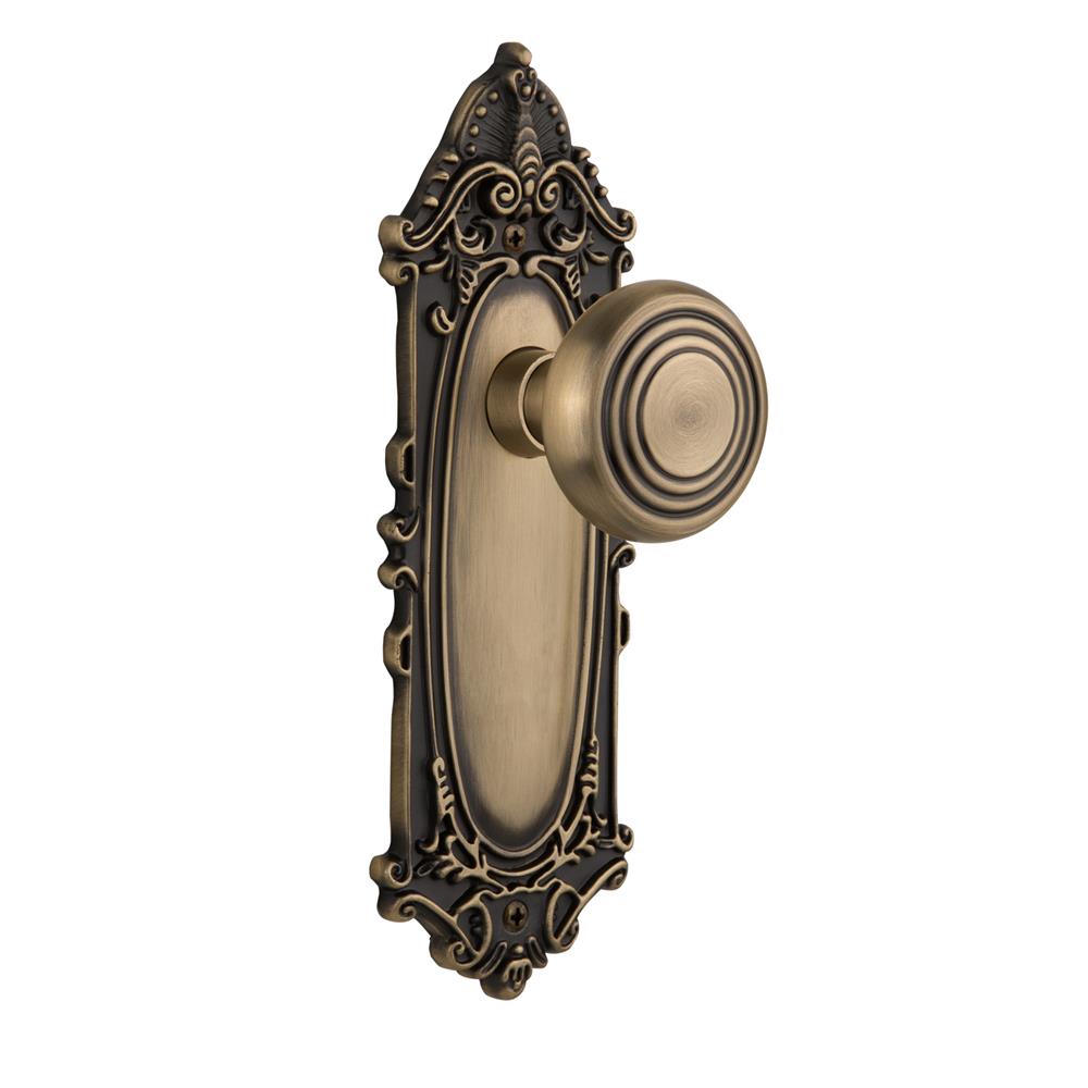 Nostalgic Warehouse VICDEC Complete Passage Set Without Keyhole Victorian Plate with Deco Knob in Antique Brass